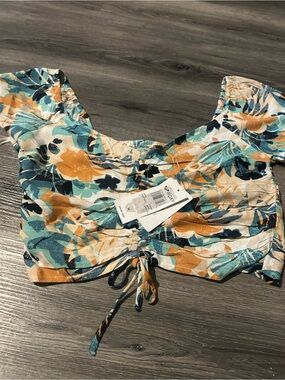 Roxy Teal, Mustard & Navy Floral Ruched Crop Top
